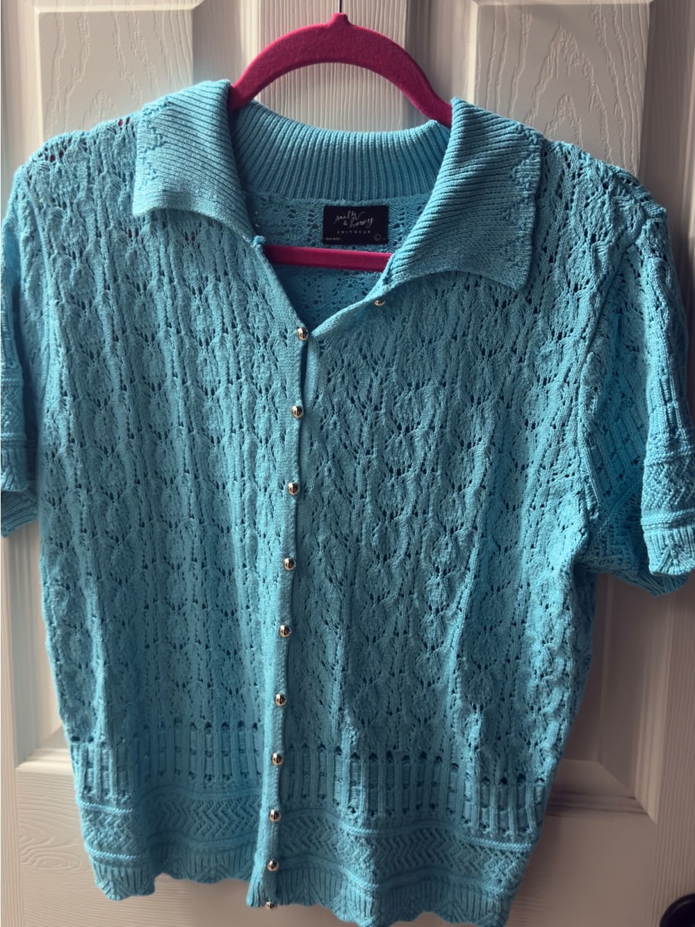 Light Teal Knit Button-Up Lightweight Sweater with Collar